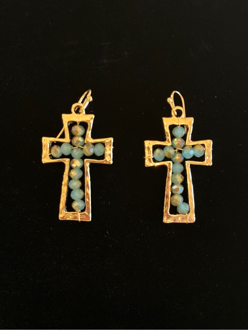 Gold Cross Earrings with Aqua Bead Inlay